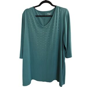 Catherines Tunic Top Green 1X/18 Embellished Feminine Holiday Mature Sparkly‎